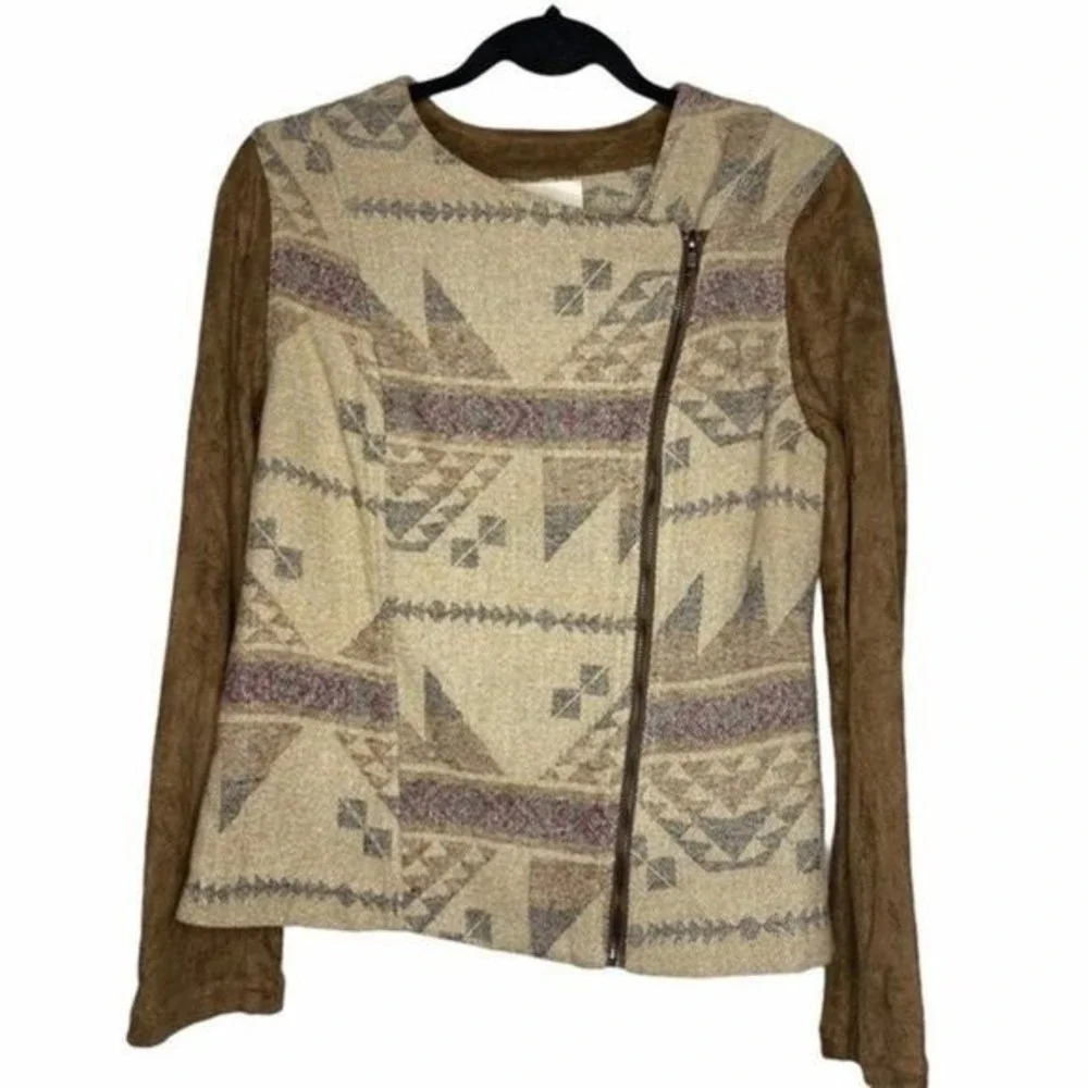 Skies Are Blue Meia Woven Mixed Print Moto Jacket Brown Aztec Small